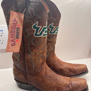 Brown Leather Cowboy Boots with Embroidered Design USF game day boots